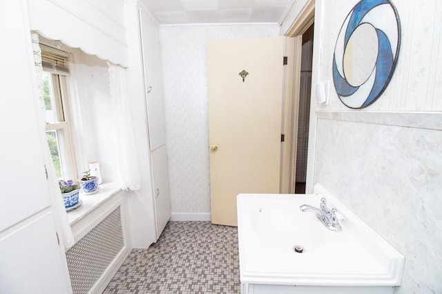 bathroom featuring ornamental molding and sink