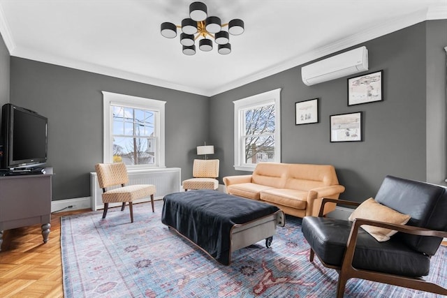 living room with a chandelier, ornamental molding, plenty of natural light, and an AC wall unit