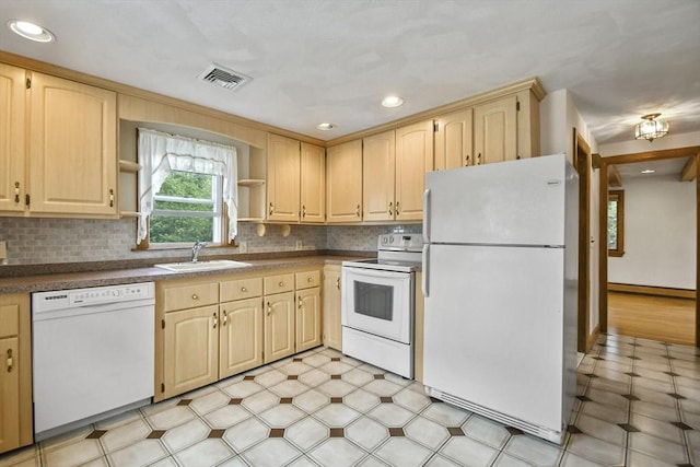 57 Strafford Rd, Westwood, MA 02090 - kitchen featuring white appliances, a sink, light brown cabinetry, open shelves, and recessed lighting
