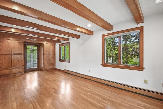 57 Strafford Rd, Westwood, MA 02090 - unfurnished room with baseboard heating, light wood-style flooring, beamed ceiling, baseboards, and recessed lighting