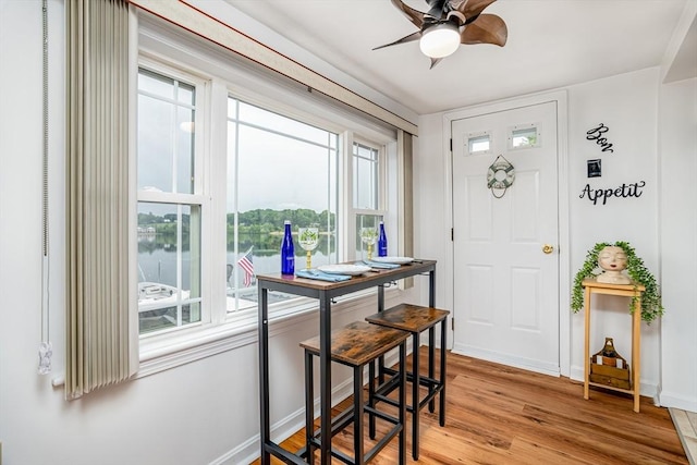 3 Lakeside Ave, Lunenburg, MA 01462 - dining area with light wood-type flooring, baseboards, a ceiling fan, and a water view