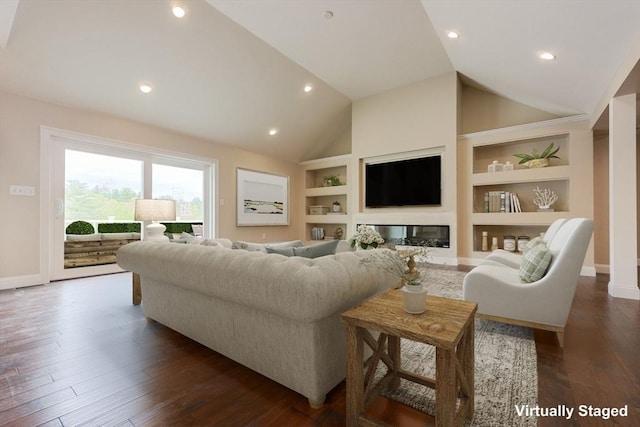 40 Blood Rd, Charlton, MA 01507 - living area featuring built in features, lofted ceiling, dark wood-style flooring, and recessed lighting