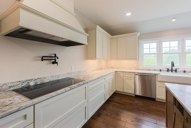 40 Blood Rd, Charlton, MA 01507 - kitchen with stainless steel dishwasher, custom exhaust hood, dark wood-style floors, recessed lighting, and light stone counters