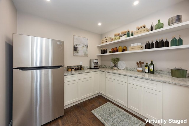 40 Blood Rd, Charlton, MA 01507 - kitchen with freestanding refrigerator, open shelves, dark wood-type flooring, light stone counters, and recessed lighting
