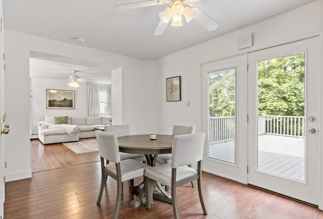 37 Saint Michaels Ave, Somerset, MA 02726 - dining space featuring a ceiling fan, wood-type flooring, and baseboards