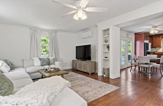 37 Saint Michaels Ave, Somerset, MA 02726 - living room with ceiling fan, plenty of natural light, an AC wall unit, crown molding, and dark wood-type flooring
