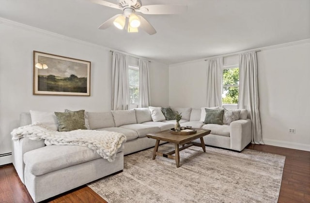 37 Saint Michaels Ave, Somerset, MA 02726 - living area featuring healthy amount of natural light, wood finished floors, ornamental molding, baseboards, and a ceiling fan