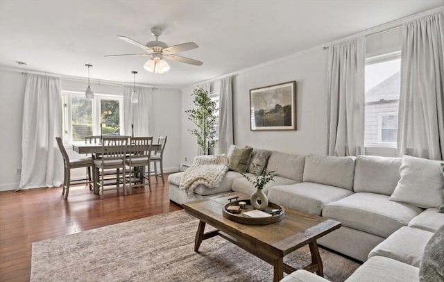 37 Saint Michaels Ave, Somerset, MA 02726 - living room with a ceiling fan, baseboards, wood finished floors, and ornamental molding
