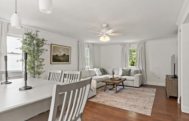 37 Saint Michaels Ave, Somerset, MA 02726 - living area with a ceiling fan, dark wood-style floors, and crown molding