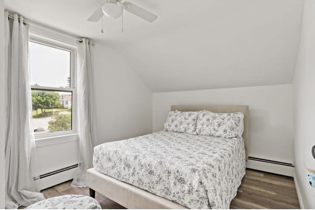 37 Saint Michaels Ave, Somerset, MA 02726 - bedroom featuring a baseboard radiator, wood finished floors, lofted ceiling, and a ceiling fan