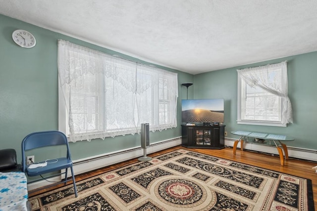 interior space with a baseboard radiator and hardwood / wood-style floors