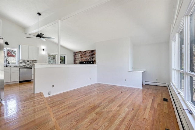 unfurnished living room with vaulted ceiling with beams, a baseboard radiator, light wood-style floors, and a ceiling fan