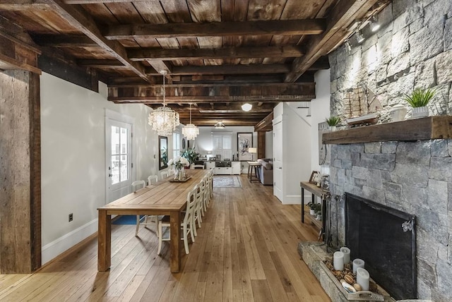 dining space with beam ceiling, wooden ceiling, and hardwood / wood-style flooring