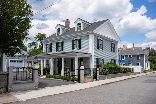 view of front of property with a garage, a fenced front yard, a chimney, an outbuilding, and a porch