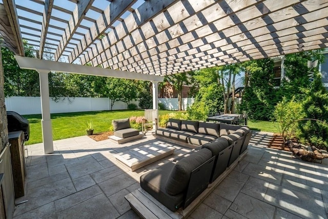 view of patio / terrace featuring fence, an outdoor living space, and a pergola