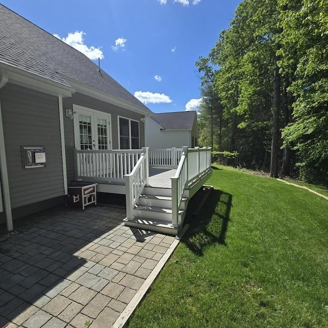 51 Alexandras Way, Brockton, MA 02301 - view of green lawn featuring a patio area, french doors, and a deck