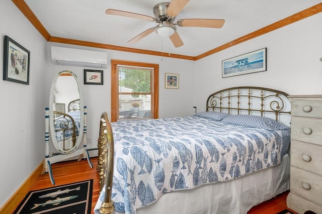 16 Gulls Cove Rd, Yarmouth, MA 02673 - bedroom featuring a wall mounted AC, wood finished floors, a baseboard heating unit, crown molding, and a ceiling fan
