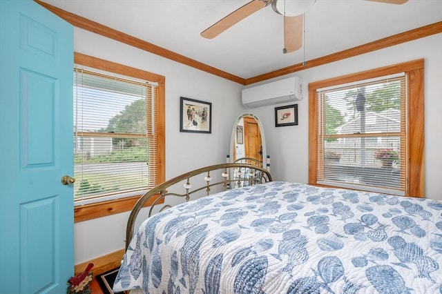 16 Gulls Cove Rd, Yarmouth, MA 02673 - bedroom featuring a wall mounted air conditioner, crown molding, and a ceiling fan