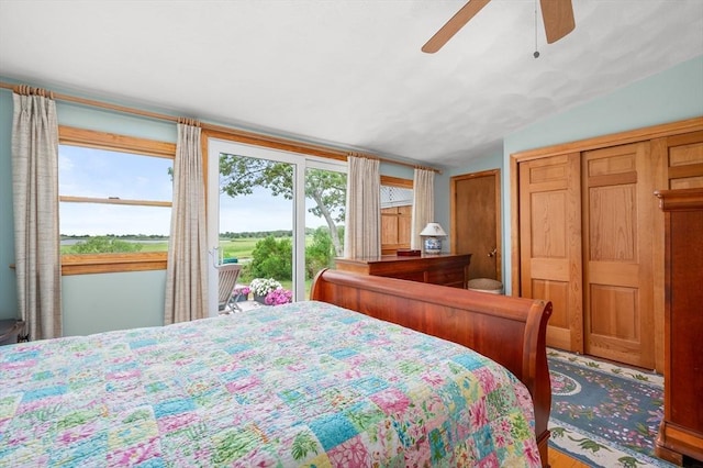 16 Gulls Cove Rd, Yarmouth, MA 02673 - bedroom with access to exterior, a ceiling fan, and lofted ceiling
