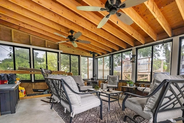 98 Moss St, New Bedford, MA 02744 - sunroom featuring a ceiling fan, lofted ceiling, and an outdoor living space