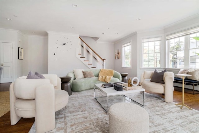 14 S Waverly St Unit 14, Boston, MA 02135 - living room featuring wood finished floors, stairway, ornamental molding, and recessed lighting