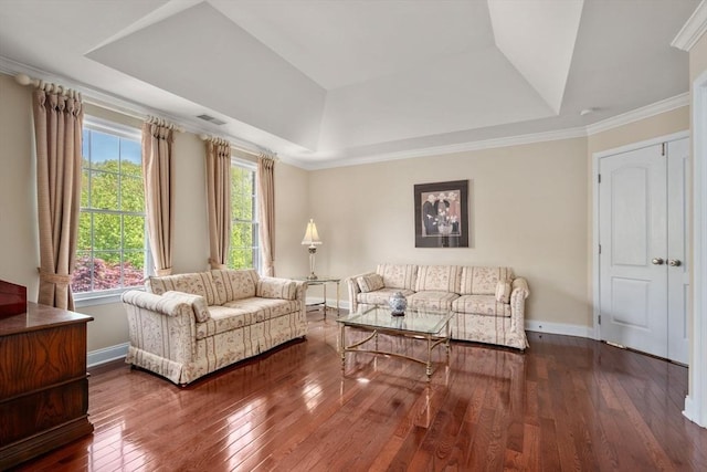 living room featuring a raised ceiling, wood-type flooring, baseboards, and ornamental molding