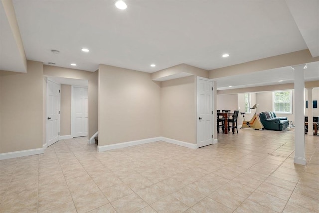living area featuring recessed lighting, stairs, baseboards, and light tile patterned floors