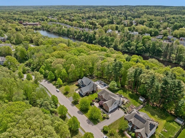 view of property location with a heavily wooded area and a large body of water