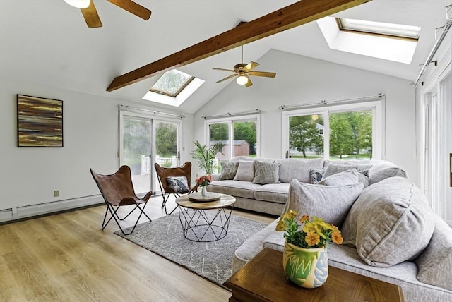 1 New Castle Rd, Ashland, MA 01721 - living room featuring a skylight, ceiling fan, beam ceiling, light wood finished floors, and a baseboard heating unit
