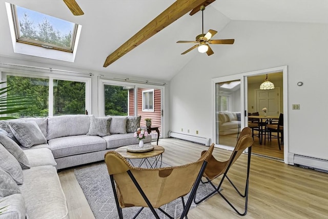 1 New Castle Rd, Ashland, MA 01721 - living room featuring a baseboard heating unit, light wood-type flooring, ceiling fan, high vaulted ceiling, and beamed ceiling