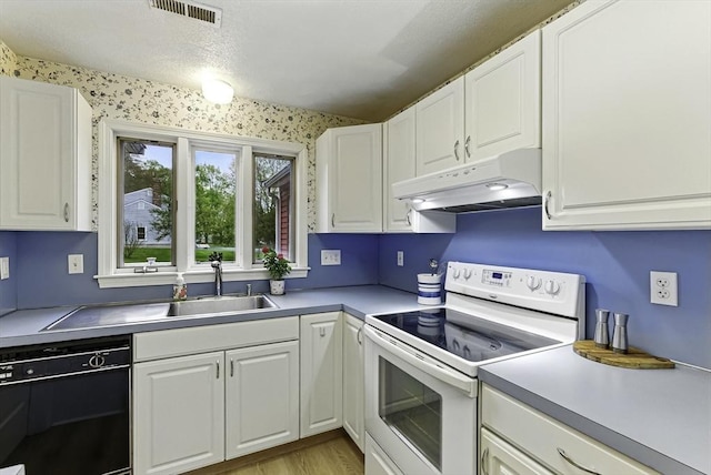 1 New Castle Rd, Ashland, MA 01721 - kitchen featuring white range with electric stovetop, under cabinet range hood, black dishwasher, white cabinetry, and light countertops