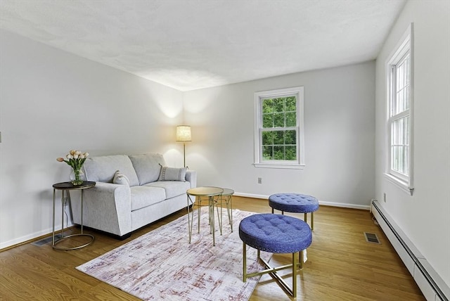 1 New Castle Rd, Ashland, MA 01721 - living room featuring baseboard heating, wood finished floors, and baseboards