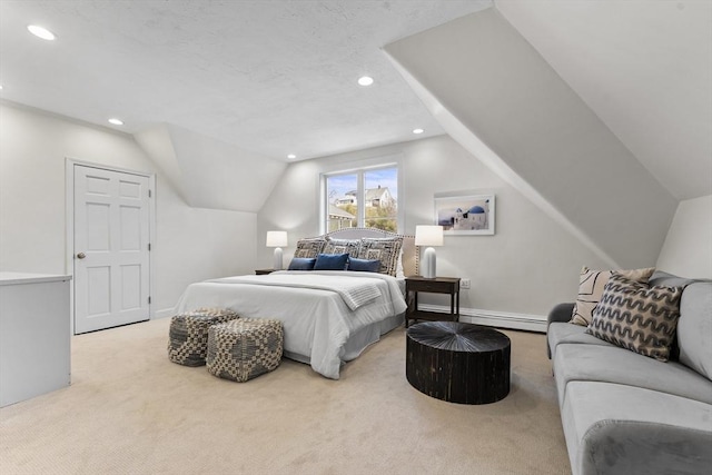 carpeted bedroom featuring vaulted ceiling