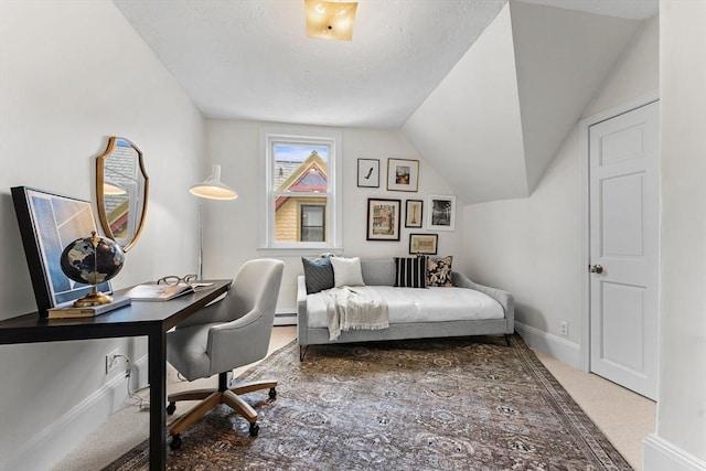 carpeted bedroom featuring lofted ceiling and baseboard heating