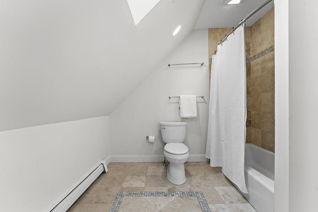 bathroom featuring a baseboard radiator, vaulted ceiling with skylight, shower / bath combination with curtain, and toilet