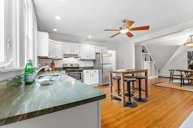 kitchen with white cabinetry, sink, light hardwood / wood-style floors, and appliances with stainless steel finishes