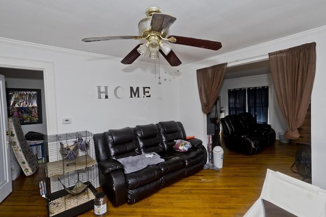320 Oakland St, Springfield, MA 01108 - living room with wood finished floors, crown molding, and a ceiling fan
