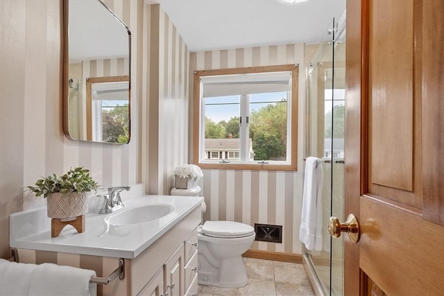 25 Ocallaghan Way, Lynn, MA 01905 - bathroom with wallpapered walls, vanity, a stall shower, and tile patterned flooring