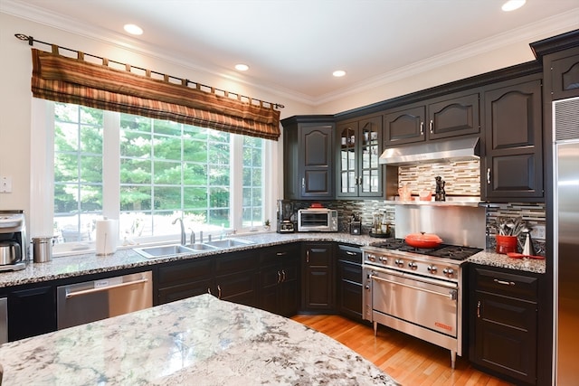 kitchen with a wealth of natural light, high end appliances, sink, and light wood-type flooring