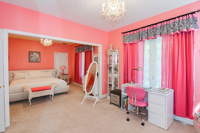 carpeted bedroom featuring a notable chandelier