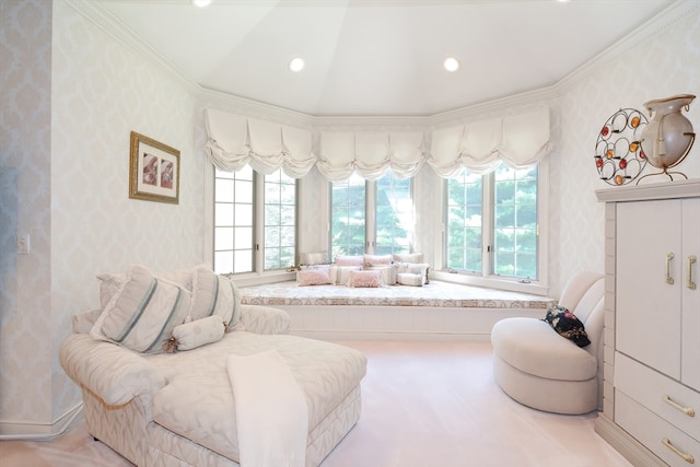 interior space with crown molding and vaulted ceiling