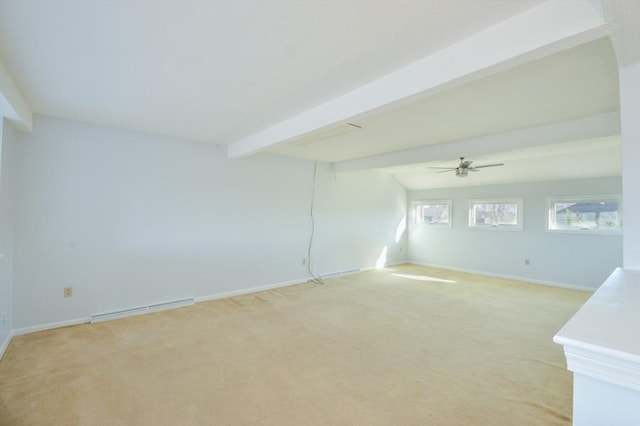 spare room featuring beam ceiling, light carpet, ceiling fan, and a baseboard radiator