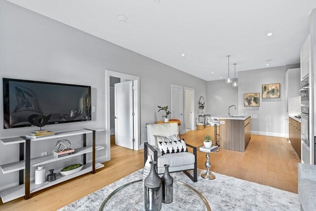 living area featuring light wood finished floors, baseboards, and recessed lighting