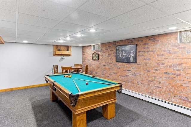 3 Centennial Dr, Blackstone, MA 01504 - game room featuring baseboard heating, baseboards, carpet, and brick wall