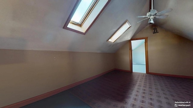 bonus room featuring baseboards, ceiling fan, and vaulted ceiling