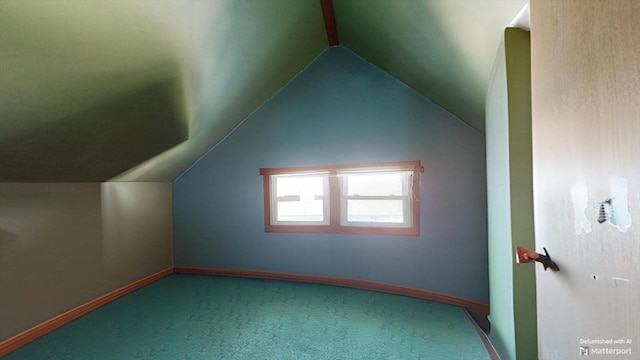 additional living space featuring baseboards, lofted ceiling, and carpet flooring