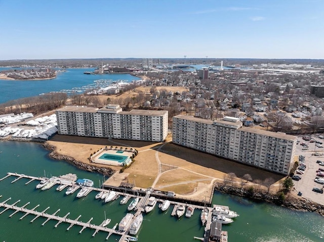 bird's eye view with a water view and a city view