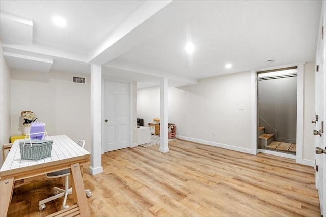 98 Old Forge Rd, Scituate, MA 02066 - finished basement with stairs, light wood-style flooring, and recessed lighting