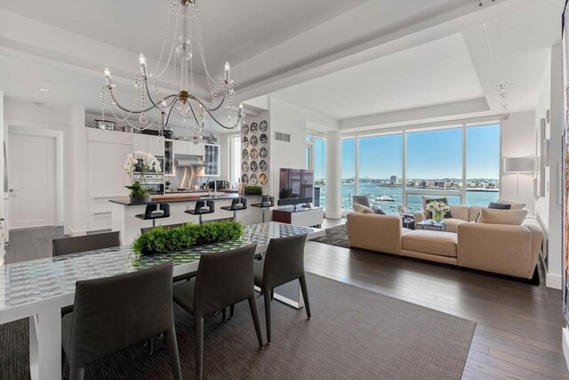 dining room with a chandelier, dark hardwood / wood-style floors, a water view, and a raised ceiling