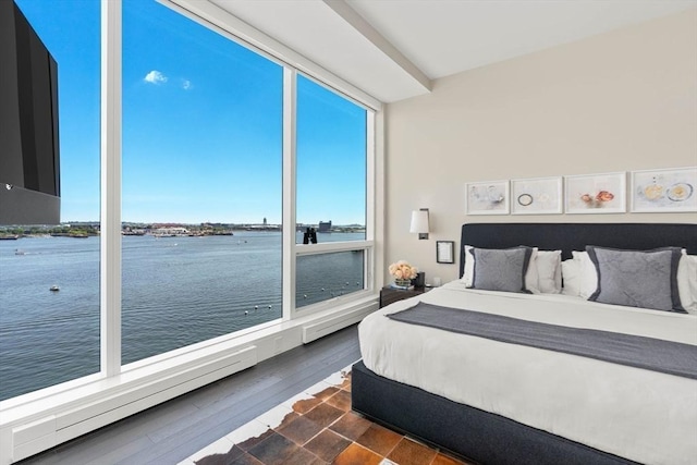 bedroom with a water view, dark hardwood / wood-style flooring, and multiple windows